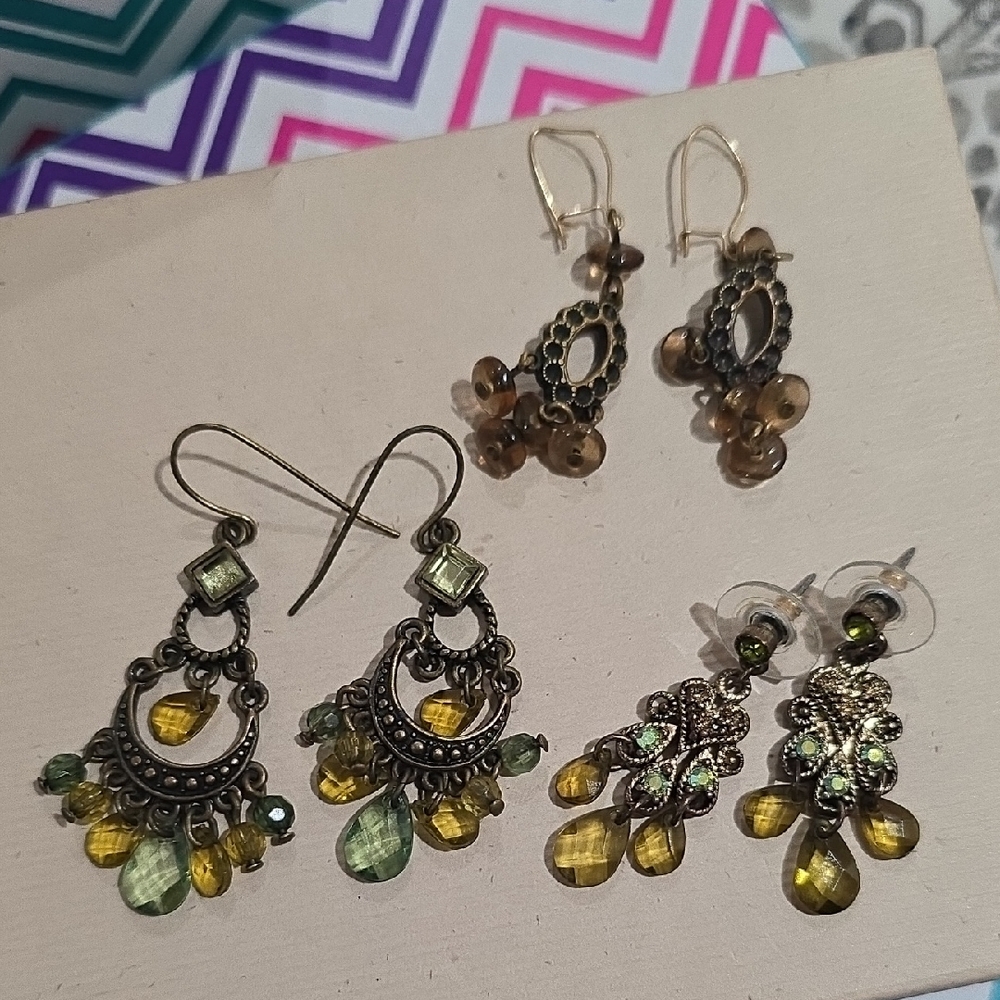 Elegant Gold and Green Chandelier Earrings 3xsets Vintage Lot